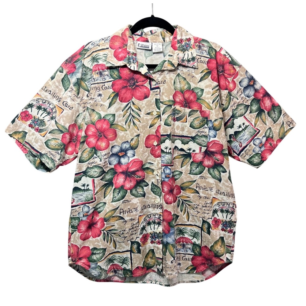 Vintage 90s Capacity Hawaiian Shirt Large Cotton Floral Postcard‎ Aloha Tan